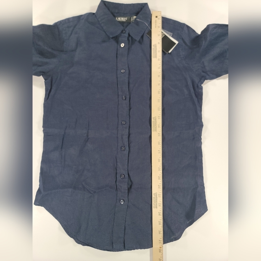 NEW Lauren Ralph Lauren 100% Linen  Button Shirt Womens Small Roll Tab Cuff Navy - Picture 7 of 10